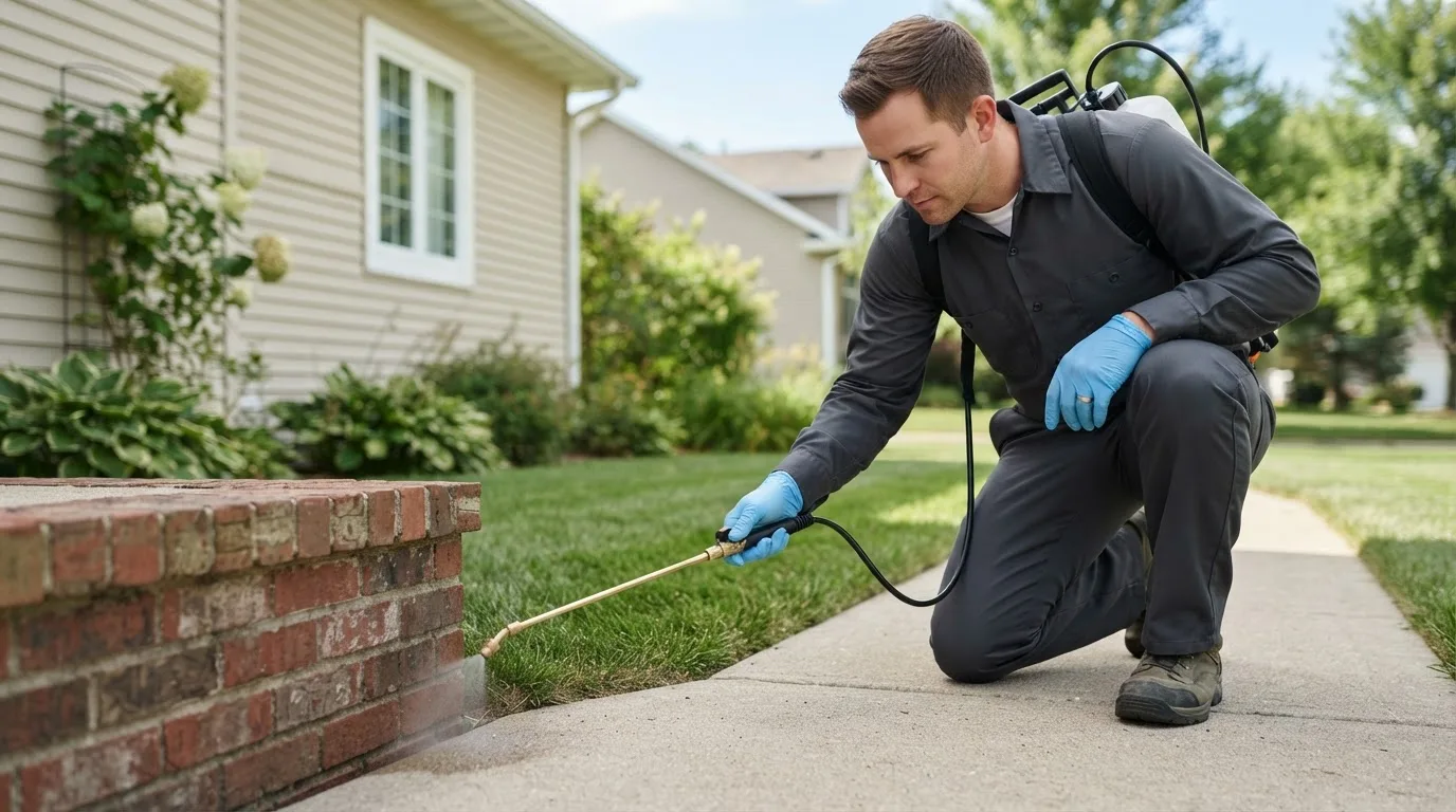 Pest control technician treating a home near Plainfield, NH