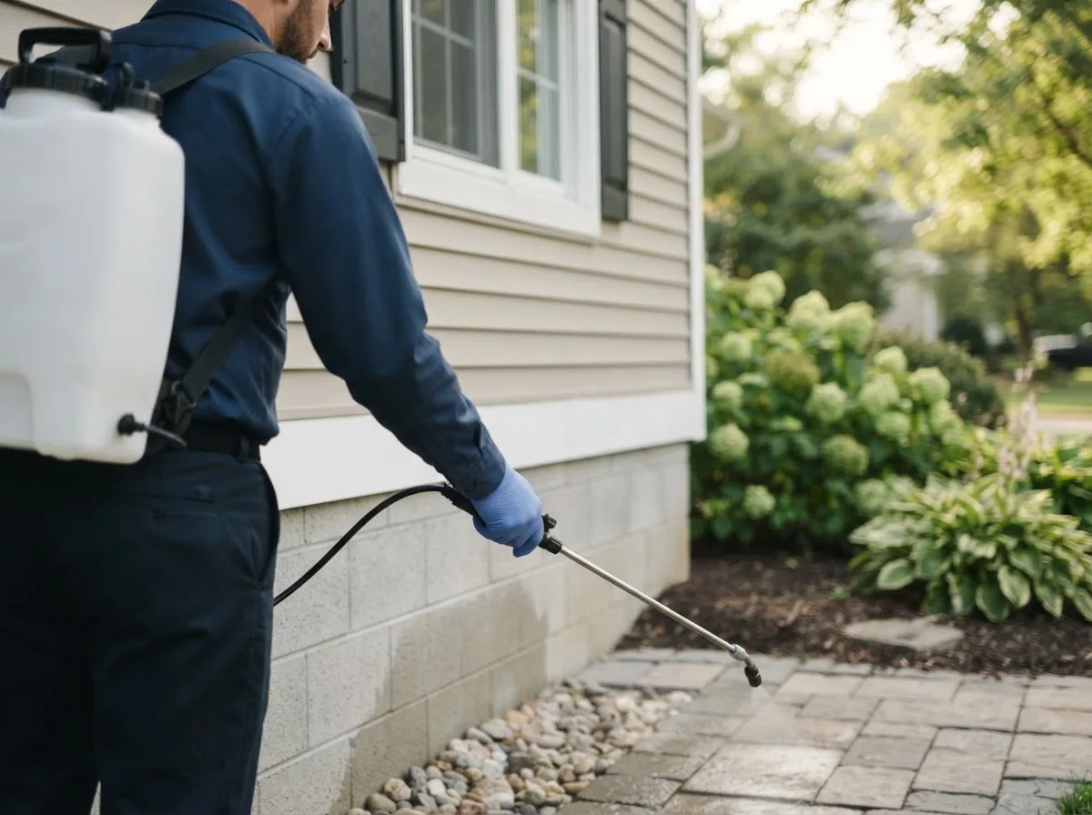 Pest control technician inspecting a home in Plainfield, NH